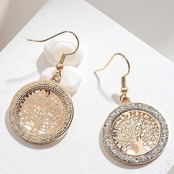 Gold 18K GP Rhinestone Drop Tree of Life Earrings - Picture 2 of 3